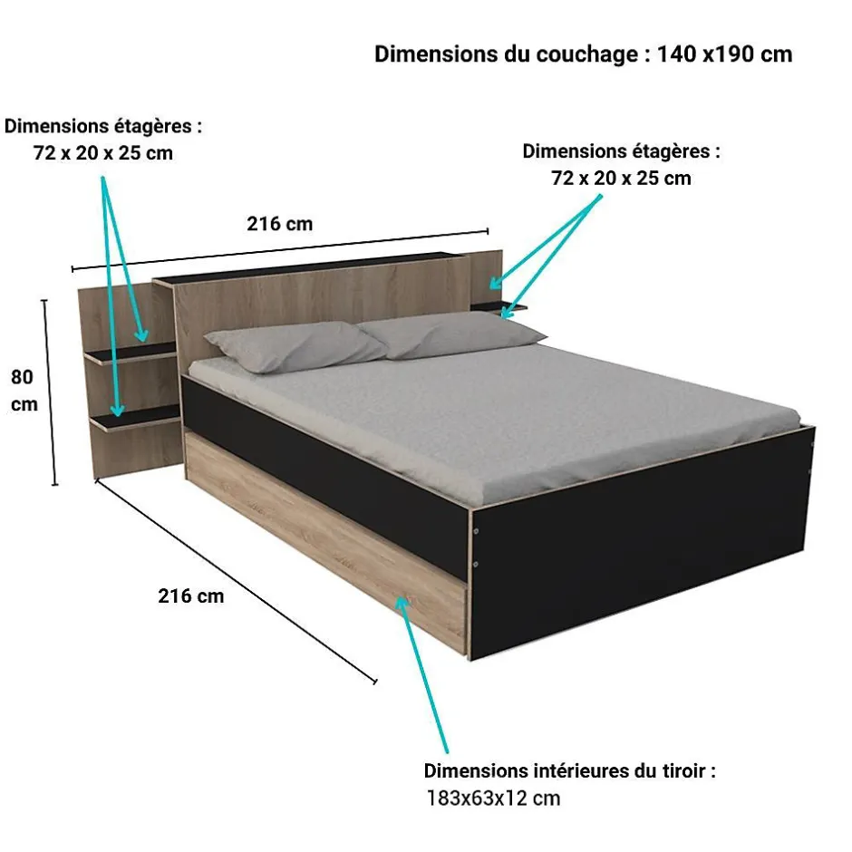 Weber Industries Lit CITY 140x190 + tête de lit chevet+ 1 tiroir / Décor Noir & chêne blanchi Clearance