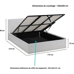Bb Loisir Lit coffre 2 places 160x200cm blanc avec sommier BACELAN