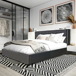 Bb Loisir Lit coffre 2 places 160x200cm tissu Gris foncé avec sommier WALLE