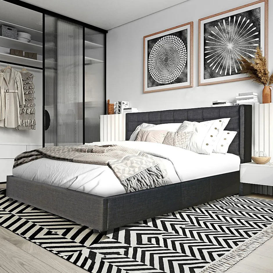 Bb Loisir Lit coffre 2 places 160x200cm tissu Gris foncé avec sommier WALLE