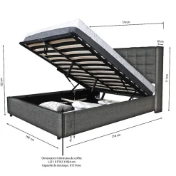 Bb Loisir Lit coffre 2 places 160x200cm tissu Gris foncé avec sommier WALLE