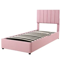 Redom Lit coffre 90 sur 200 cm avec sommier hydraulique tête de lit en lin doux rose pour adultes ou adolescents New
