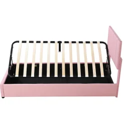 Redom Lit coffre 90 sur 200 cm avec sommier hydraulique tête de lit en lin doux rose pour adultes ou adolescents New