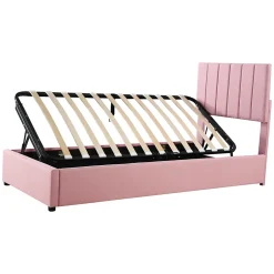 Redom Lit coffre 90 sur 200 cm avec sommier hydraulique tête de lit en lin doux rose pour adultes ou adolescents New