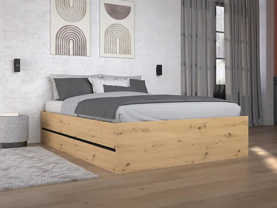 Vente-unique Lit coffre 140 x 190 cm - Coloris : Naturel et noir + Matelas - LUDARO