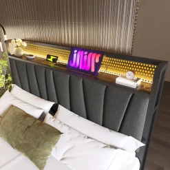 Okwish Lit coffre 140 x 200 cm - Lit adulte avec Tête de Lit LED + USB - Lin + Métal - Sans Matelas - Gris Sale
