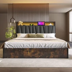 Okwish Lit coffre 140 x 200 cm - Lit adulte avec Tête de Lit LED + USB - Lin + Métal - Sans Matelas - Gris Sale