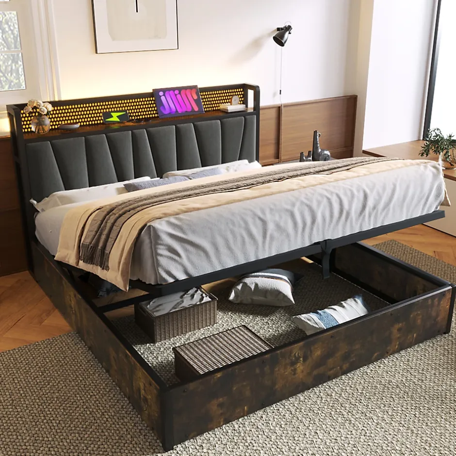 Okwish Lit coffre 140 x 200 cm - Lit adulte avec Tête de Lit LED + USB - Lin + Métal - Sans Matelas - Gris Sale
