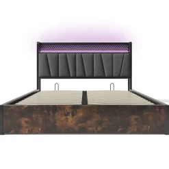 Okwish Lit coffre 140 x 200 cm - Lit adulte avec Tête de Lit LED + USB - Lin + Métal - Sans Matelas - Gris Sale