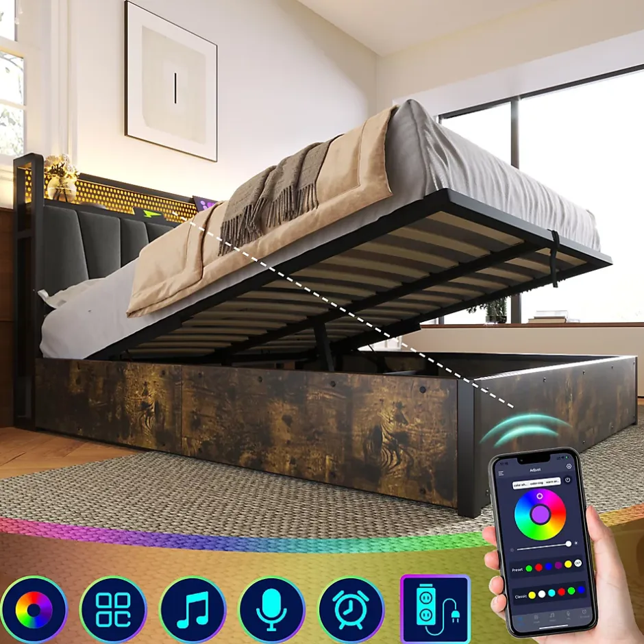 Okwish Lit coffre 140 x 200 cm - Lit adulte avec Tête de Lit LED + USB - Lin + Métal - Sans Matelas - Gris Sale