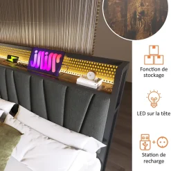 Okwish Lit coffre 140 x 200 cm - Lit adulte avec Tête de Lit LED + USB - Lin + Métal - Sans Matelas - Gris Sale