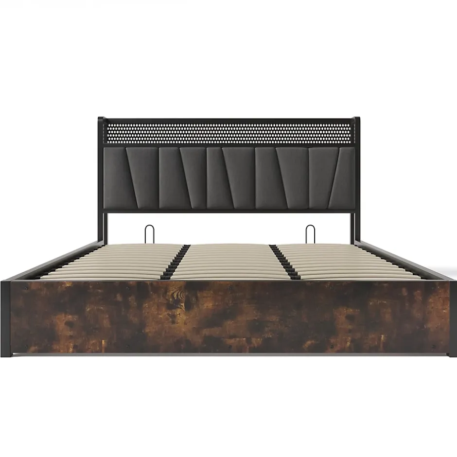 Okwish Lit coffre 180 x 200 cm - Lit adulte avec Tête de Lit LED + USB - Lin + Métal - Sans Matelas - Gris Clearance