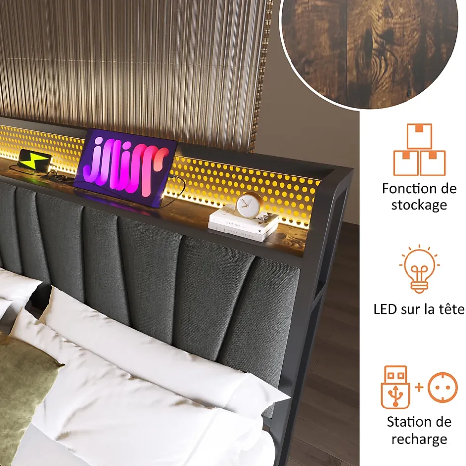 Okwish Lit coffre 180 x 200 cm - Lit adulte avec Tête de Lit LED + USB - Lin + Métal - Sans Matelas - Gris Clearance