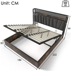 Okwish Lit coffre 180 x 200 cm - Lit adulte avec Tête de Lit LED + USB - Lin + Métal - Sans Matelas - Gris Clearance