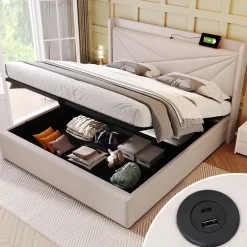 Okwish Lit coffre 180 x 200 cm - Lit double capitonné avec USB Type C - Coton et métal - Sans Matelas - Beige