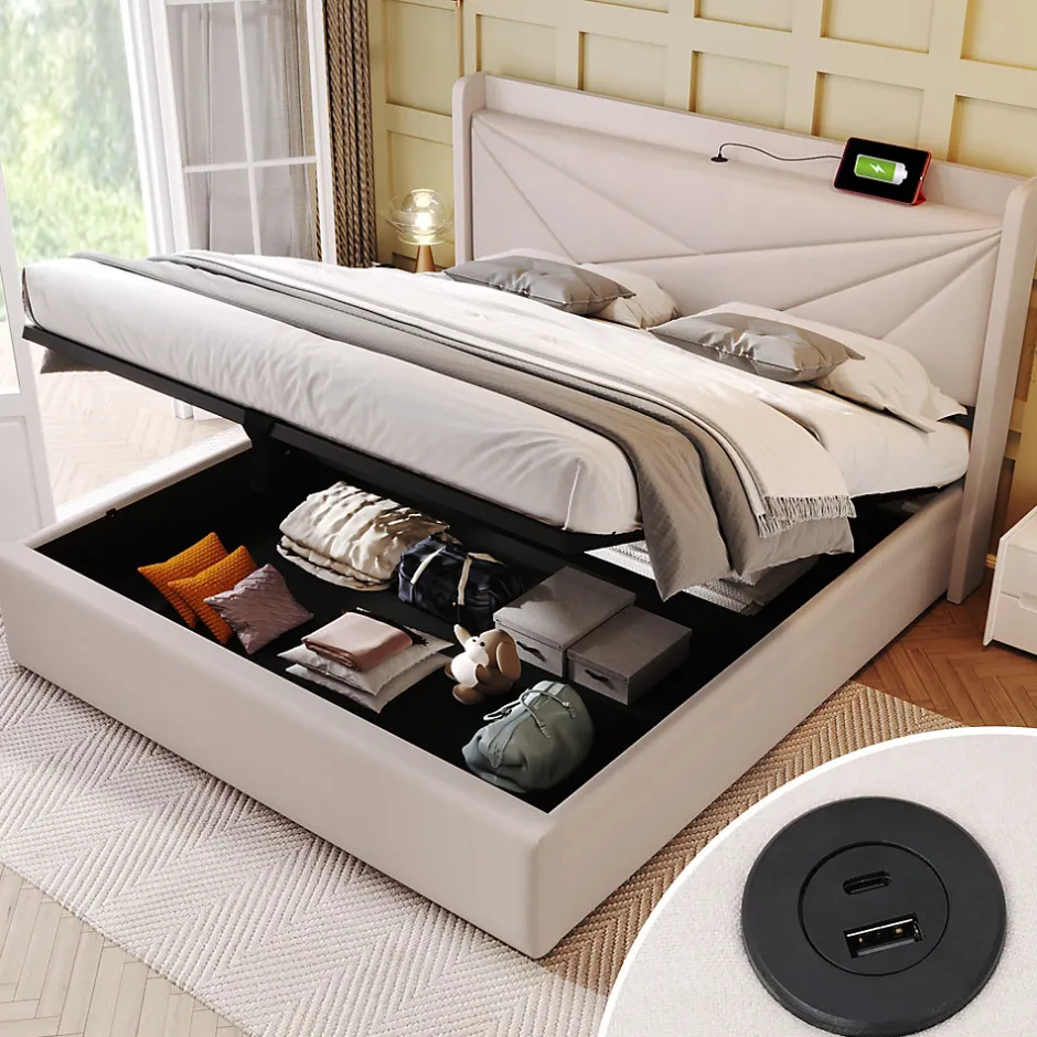 Okwish Lit coffre 180 x 200 cm - Lit double capitonné avec USB Type C - Coton et métal - Sans Matelas - Beige