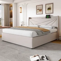 Okwish Lit coffre 180 x 200 cm - Lit double capitonné avec USB Type C - Coton et métal - Sans Matelas - Beige