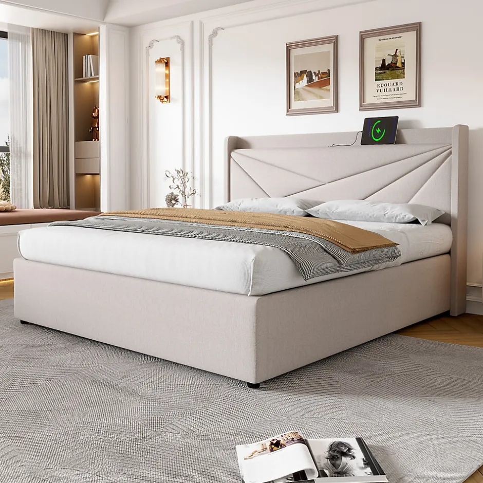 Okwish Lit coffre 180 x 200 cm - Lit double capitonné avec USB Type C - Coton et métal - Sans Matelas - Beige