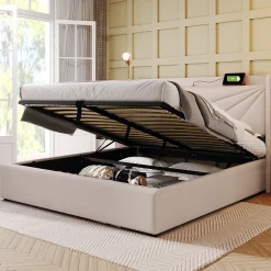 Okwish Lit coffre 180 x 200 cm - Lit double capitonné avec USB Type C - Coton et métal - Sans Matelas - Beige