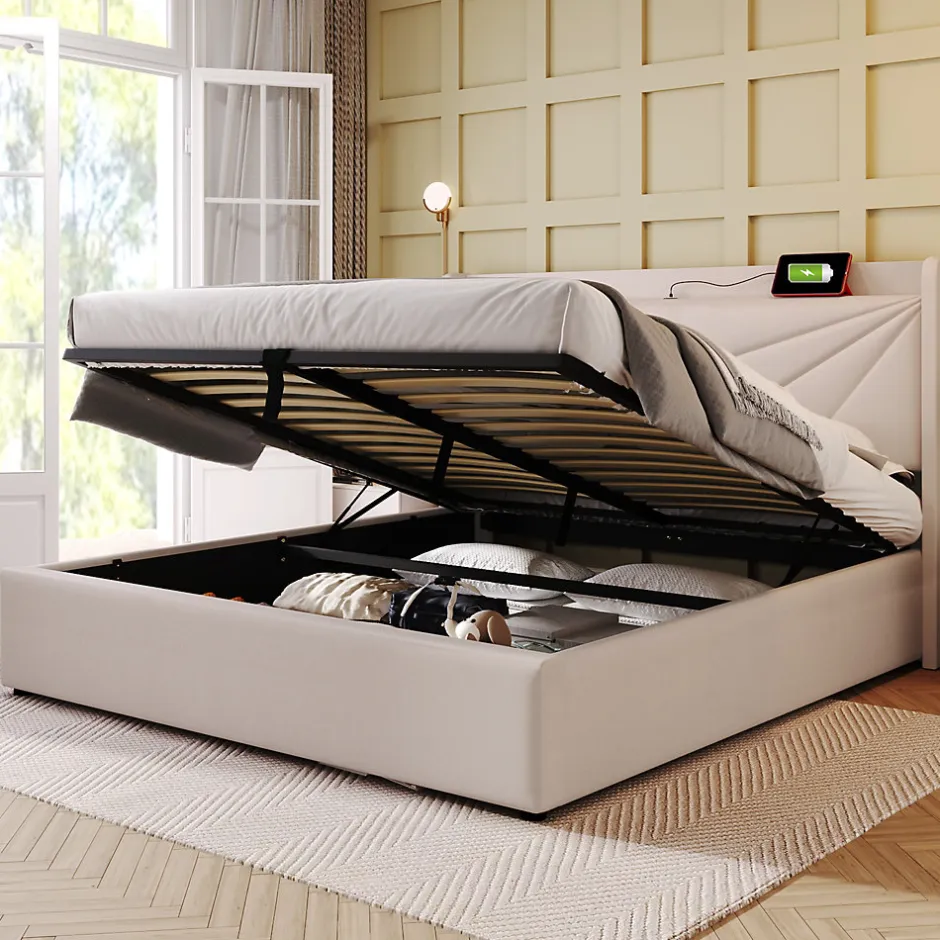 Okwish Lit coffre 180 x 200 cm - Lit double capitonné avec USB Type C - Coton et métal - Sans Matelas - Beige