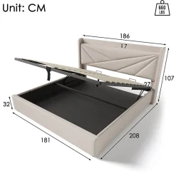 Okwish Lit coffre 180 x 200 cm - Lit double capitonné avec USB Type C - Coton et métal - Sans Matelas - Beige