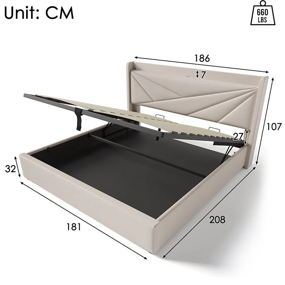 Okwish Lit coffre 180 x 200 cm - Lit double capitonné avec USB Type C - Coton et métal - Sans Matelas - Beige