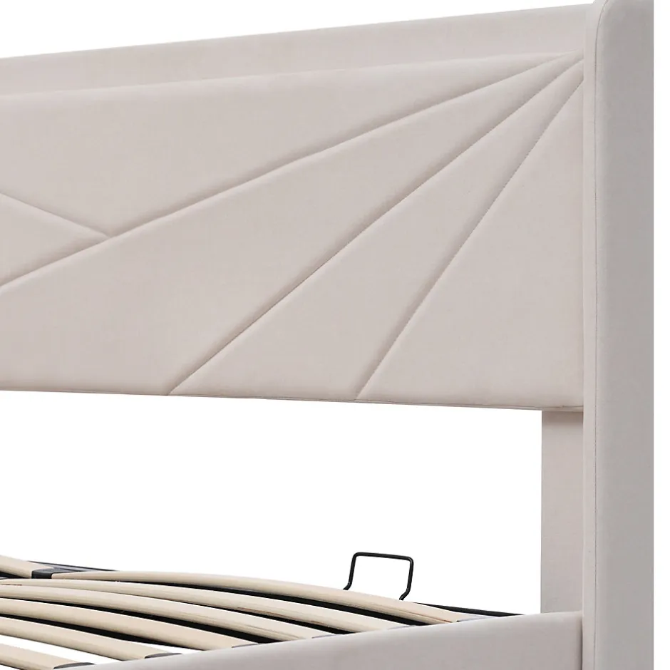 Okwish Lit coffre 180 x 200 cm - Lit double capitonné avec USB Type C - Coton et métal - Sans Matelas - Beige