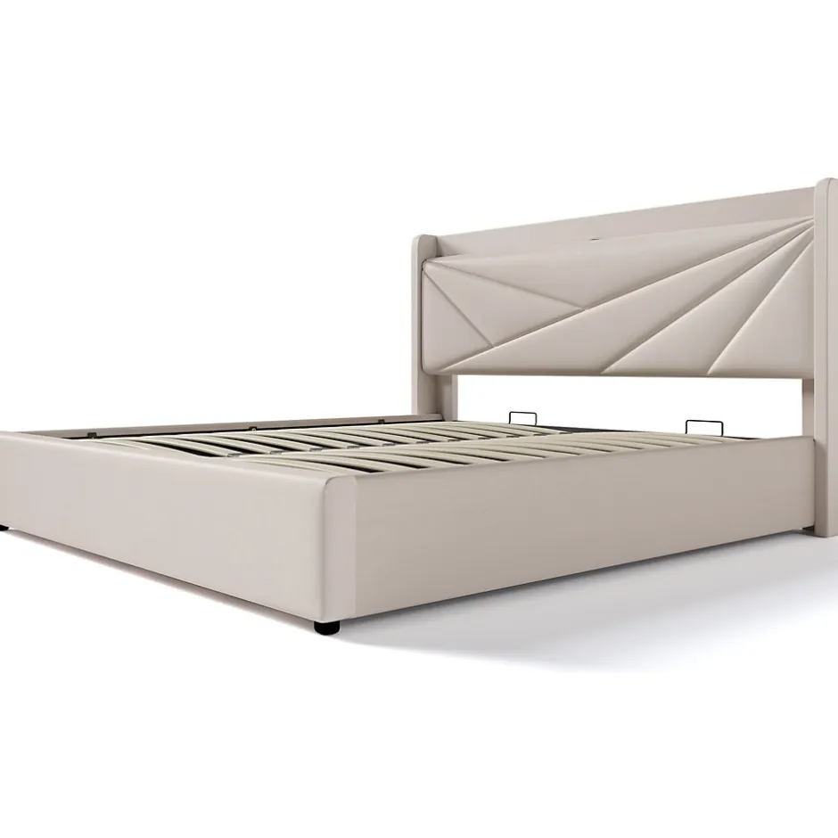 Okwish Lit coffre 180 x 200 cm - Lit double capitonné avec USB Type C - Coton et métal - Sans Matelas - Beige
