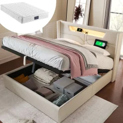 Okwish Lit coffre 160 x 200 cm - Lit double avec USB Type-C + LED - Lin - avec Matelas - Beige