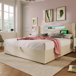Okwish Lit coffre 160 x 200 cm - Lit double avec USB Type-C + LED - Lin - avec Matelas - Beige