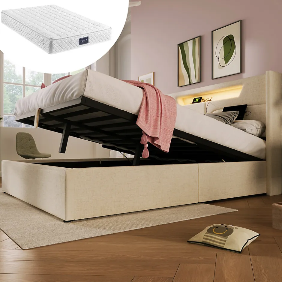Okwish Lit coffre 160 x 200 cm - Lit double avec USB Type-C + LED - Lin - avec Matelas - Beige