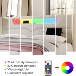 Okwish Lit coffre 160 x 200 cm - Lit double avec USB Type-C + LED - Lin - avec Matelas - Beige