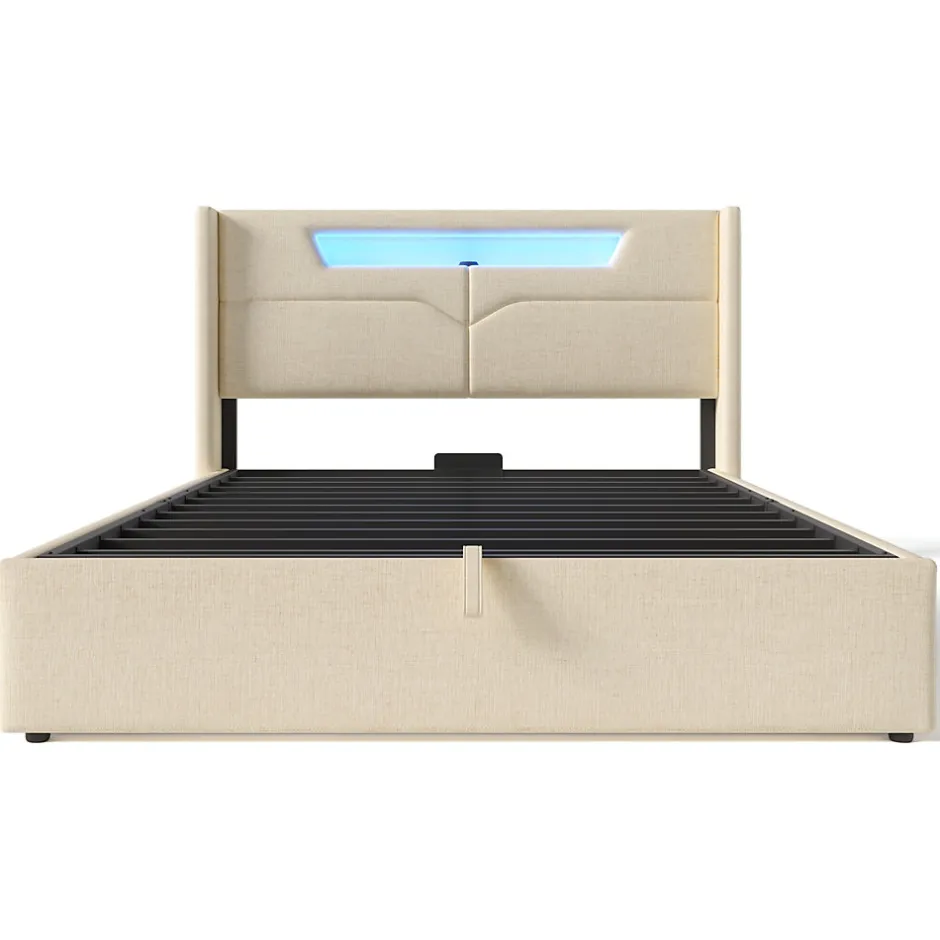 Okwish Lit coffre 160 x 200 cm - Lit double avec USB Type-C + LED - Lin - avec Matelas - Beige