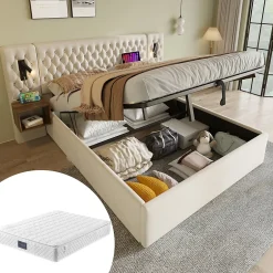 Okwish Lit coffre 160 x 200 cm - Lit double avec 2 tables de chevet et lampe de lecture - Velours - avec Matelas - Beige