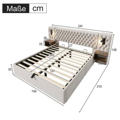 Okwish Lit coffre 160 x 200 cm - Lit double avec 2 tables de chevet et lampe de lecture - Velours - avec Matelas - Beige