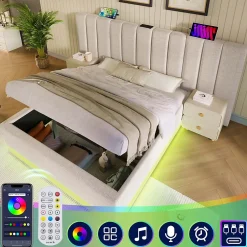Generique Lit Coffre 180 x 200 Cm - Lit Double Capitonné avec LED et Charge USB-C - Métal, Lin, Bois Massif - Sans Matelas - Beige Discount