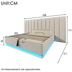 Generique Lit Coffre 180 x 200 Cm - Lit Double Capitonné avec LED et Charge USB-C - Métal, Lin, Bois Massif - Sans Matelas - Beige Discount