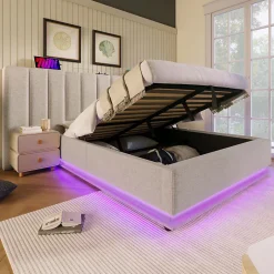 Generique Lit Coffre 180 x 200 Cm - Lit Double Capitonné avec LED et Charge USB-C - Métal, Lin, Bois Massif - Sans Matelas - Beige Discount
