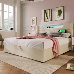 Generique Lit coffre 140 x 200 cm - Lit double avec USB Type-C + Éclairage LED - Lin - Sans Matelas - Beige
