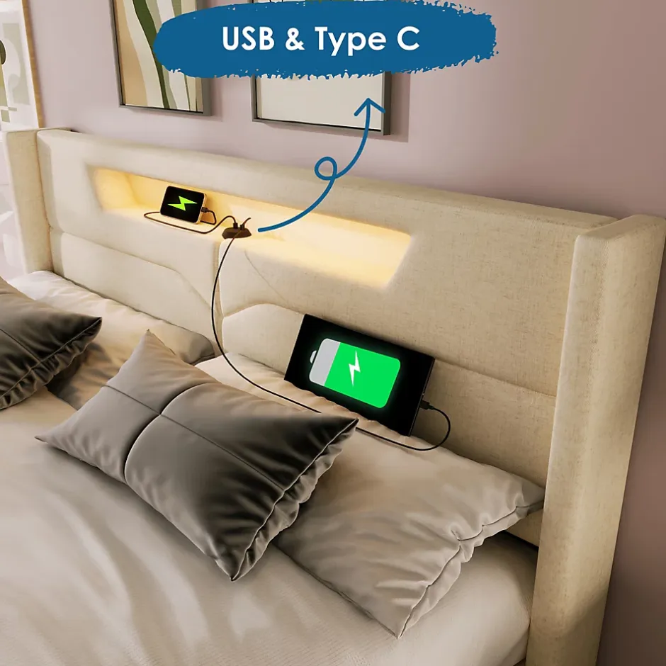 Generique Lit coffre 140 x 200 cm - Lit double avec USB Type-C + Éclairage LED - Lin - Sans Matelas - Beige
