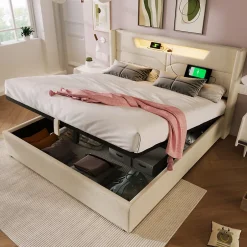 Generique Lit coffre 140 x 200 cm - Lit double avec USB Type-C + Éclairage LED - Lin - Sans Matelas - Beige