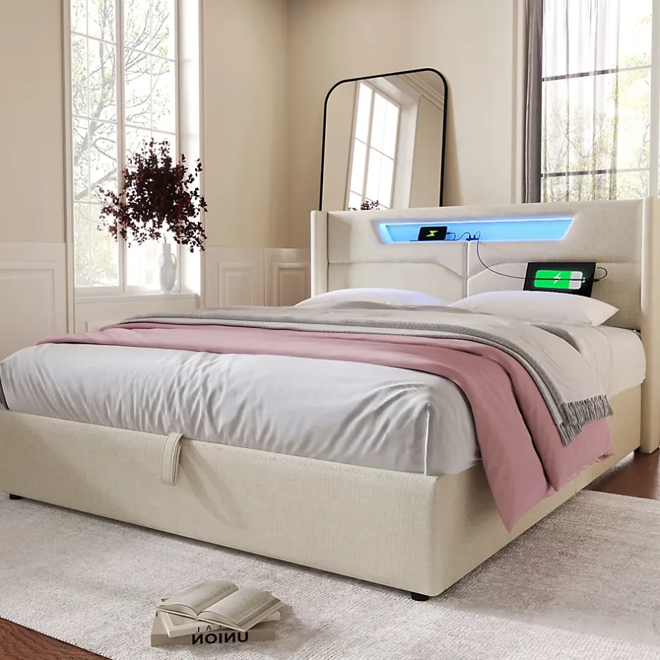 Generique Lit coffre 140 x 200 cm - Lit double avec USB Type-C + Éclairage LED - Lin - Sans Matelas - Beige