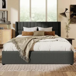 Generique Lit coffre 180 x 200 cm - Lit Double avec Sommier à Lattes - Lin Bois Métal - Sans Matelas - Gris New