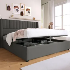 Generique Lit coffre 180 x 200 cm - Lit Double avec Sommier à Lattes - Lin Bois Métal - Sans Matelas - Gris New