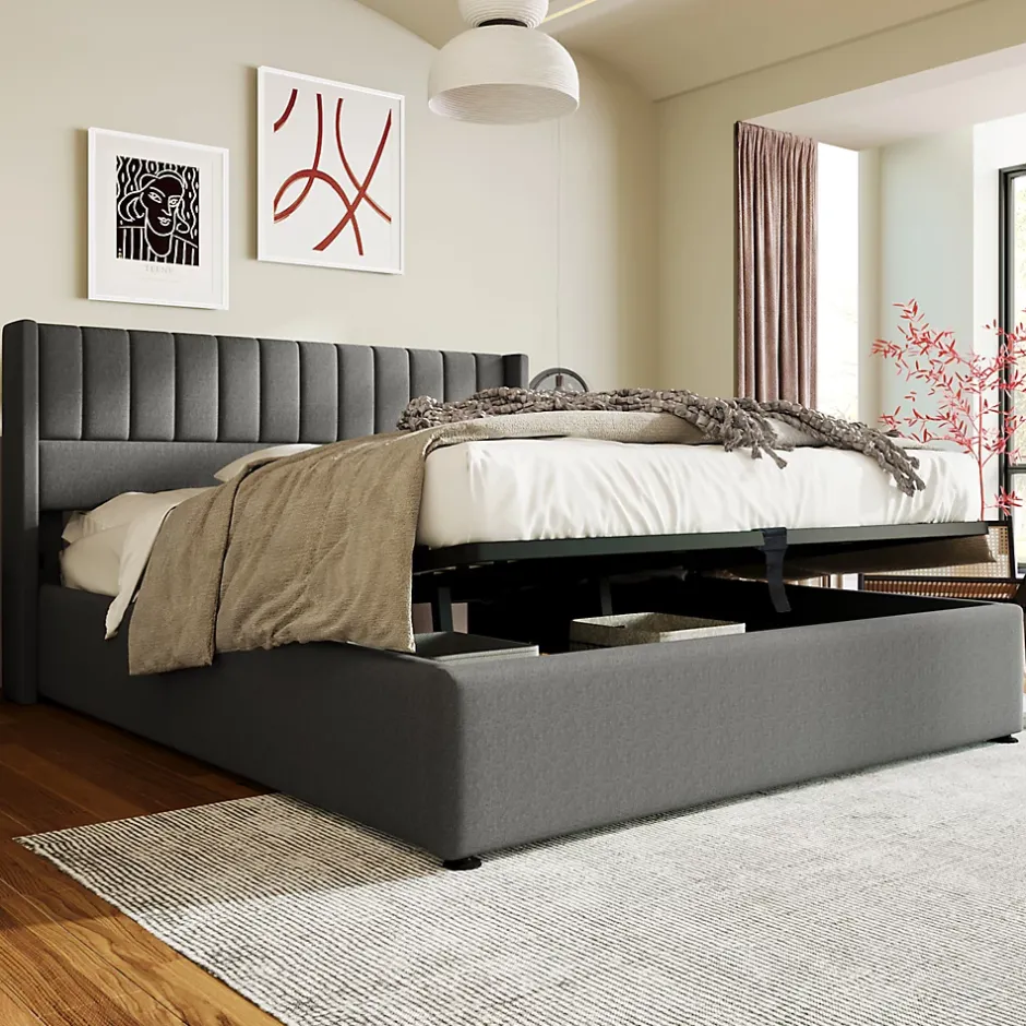 Generique Lit coffre 180 x 200 cm - Lit Double avec Sommier à Lattes - Lin Bois Métal - Sans Matelas - Gris New