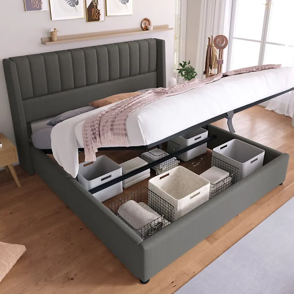 Generique Lit coffre 180 x 200 cm - Lit Double avec Sommier à Lattes - Lin Bois Métal - Sans Matelas - Gris New