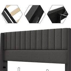 Generique Lit coffre 180 x 200 cm - Lit Double avec Sommier à Lattes - Lin Bois Métal - Sans Matelas - Gris New