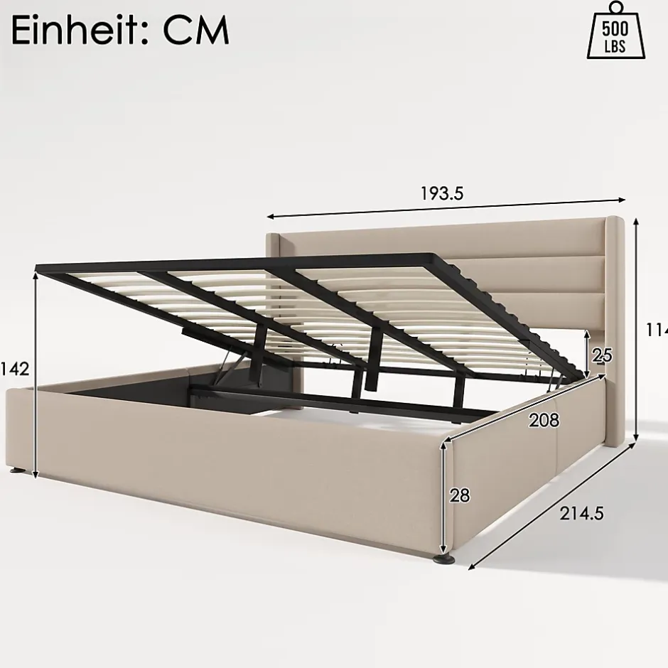 Okwish Lit Coffre 180 x 200 cm - Lit Double avec Grand Espace de Rangement - Structure en Lin et Métal - Sans Matelas - Beige New