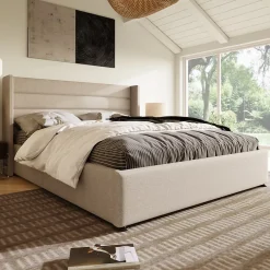 Okwish Lit Coffre 180 x 200 cm - Lit Double avec Grand Espace de Rangement - Structure en Lin et Métal - Sans Matelas - Beige New