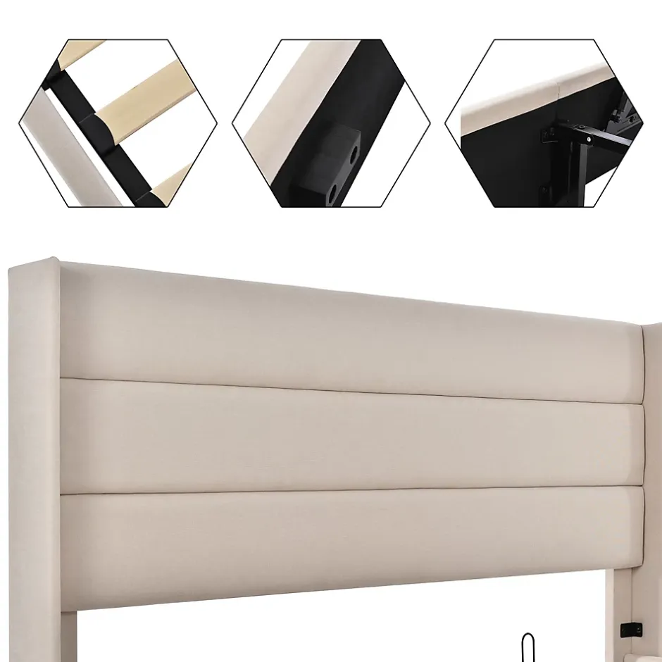 Okwish Lit Coffre 180 x 200 cm - Lit Double avec Grand Espace de Rangement - Structure en Lin et Métal - Sans Matelas - Beige New
